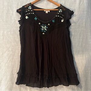Dressbarn Vintage Blouse Black Cap Sleeves Ruffled Sequined Women’s Sz S